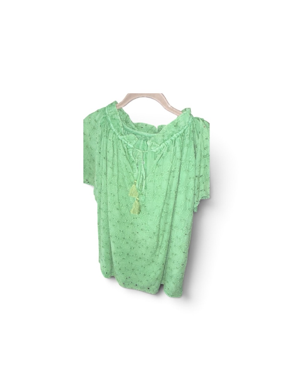 Mint Green Eyelet Peasant Blouse with Tassel Tie